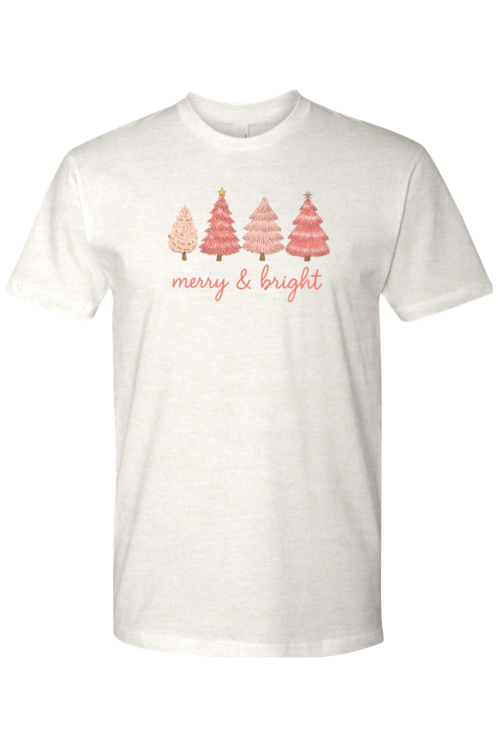 Light cream Christmas t-shirt with "Merry & Bright" in pink and four pink Christmas trees designs cute girly trendy holiday short sleeve shirt