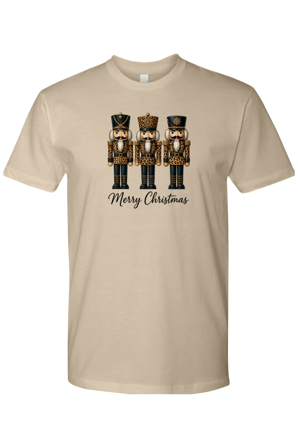 Dark beige Christmas t-shirt with "Merry Christmas" text and three leopard print nutcrackers cute trendy girly festive holiday short sleeve shirt