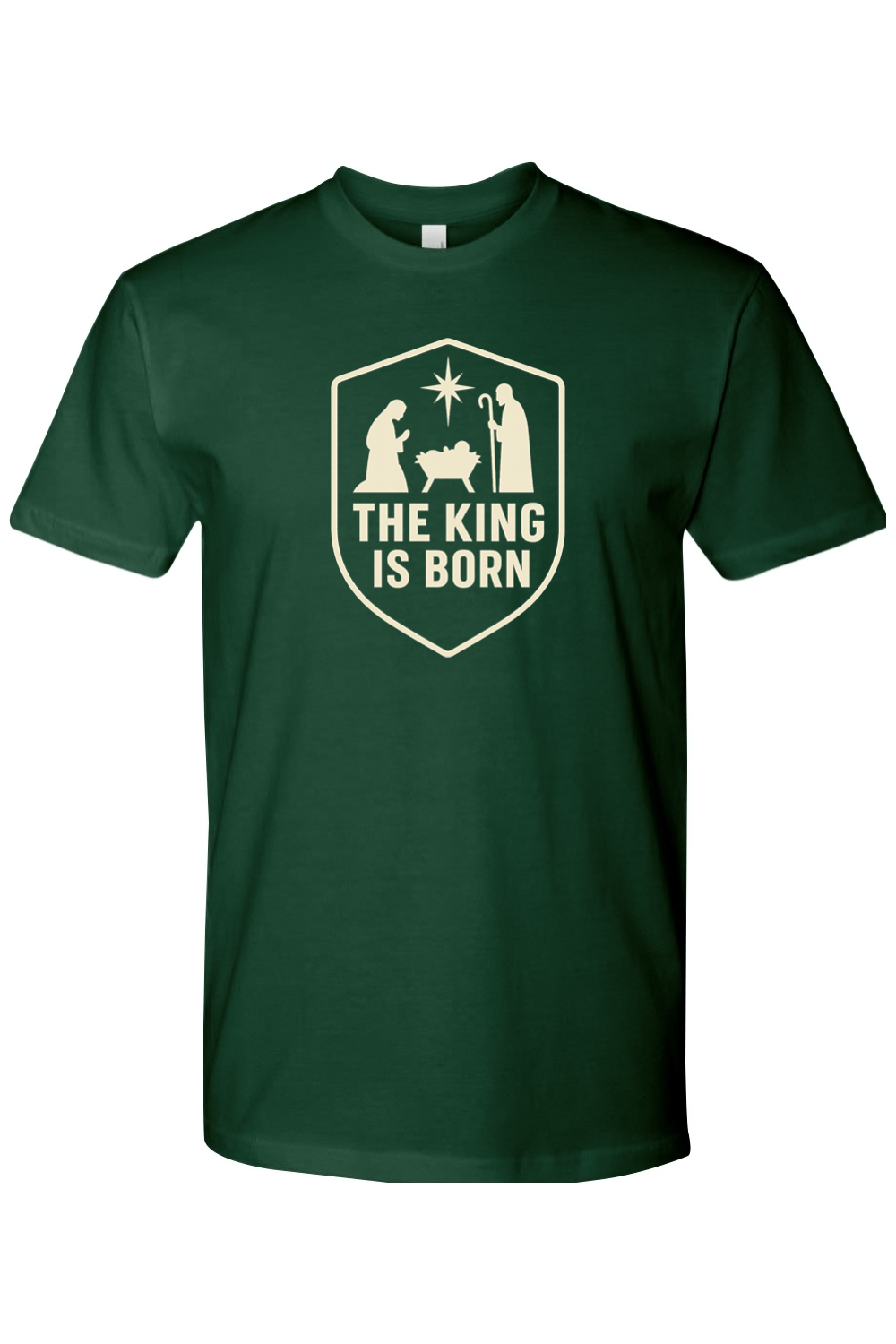 Dark green religious Christmas t-shirt with "The King is Born" text and Mary and Joseph next to Jesus in the manger and star design God Christian holiday short sleeve shirt