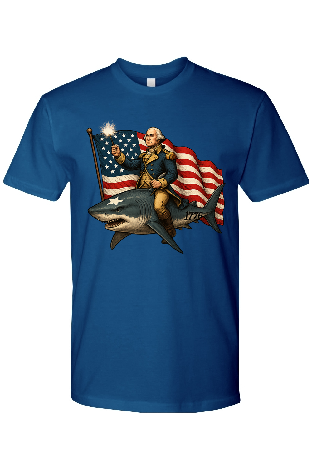 Blue t-shirt with a graphic of George Washington holding an American flag while riding a shark.