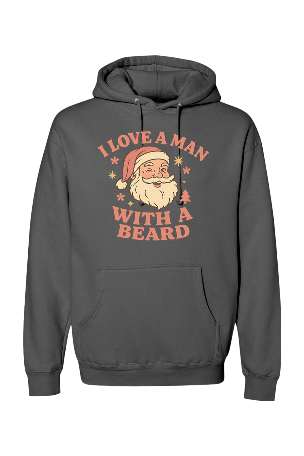 Dark gray Christmas hoodie with "I Love A Man With A Beard" text in pink with Santa flowers stars and pine tree design cute women's trendy holiday long sleeve hooded sweatshirt