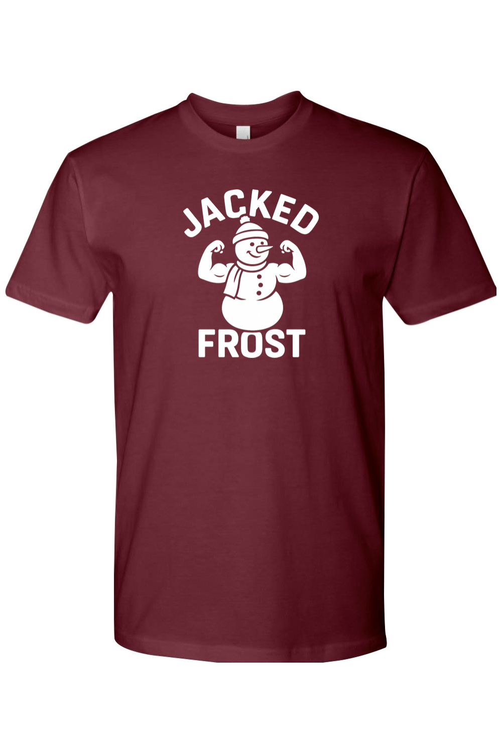 Maroon Christmas t-shirt with "Jacked Frost" text in white with a muscular snowman flexing his biceps design funny gym humor festive holiday short sleeve shirt