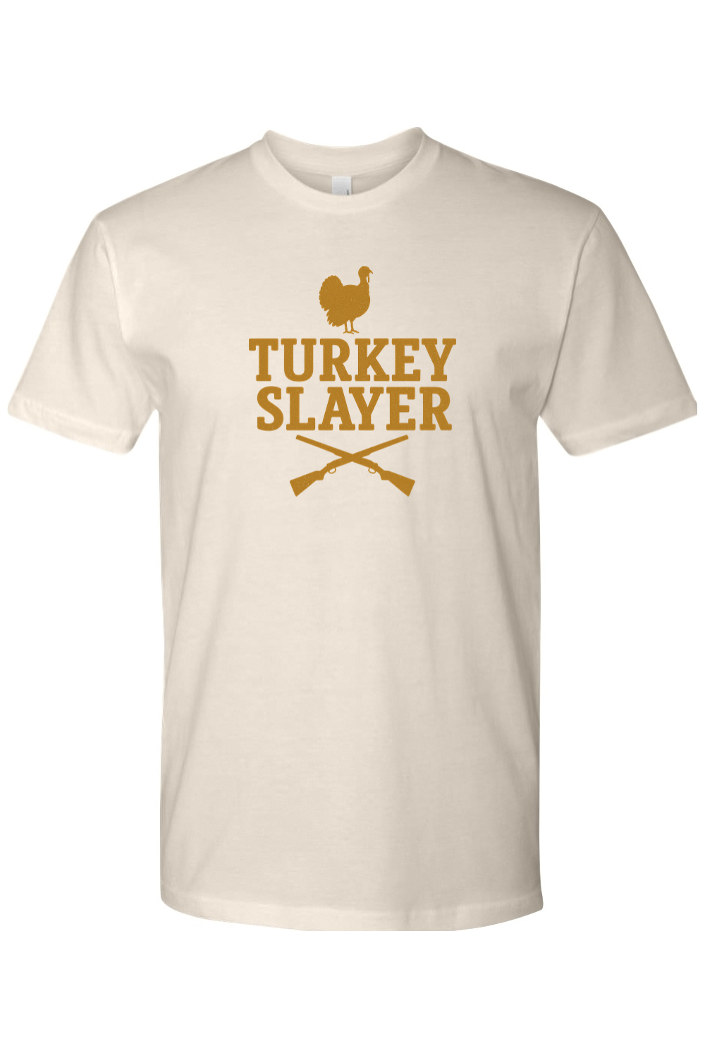 Beige cream Thanksgiving t-shirt with "Turkey Slayer" text and turkey hunting design funny fall hunter holiday short sleeve shirt