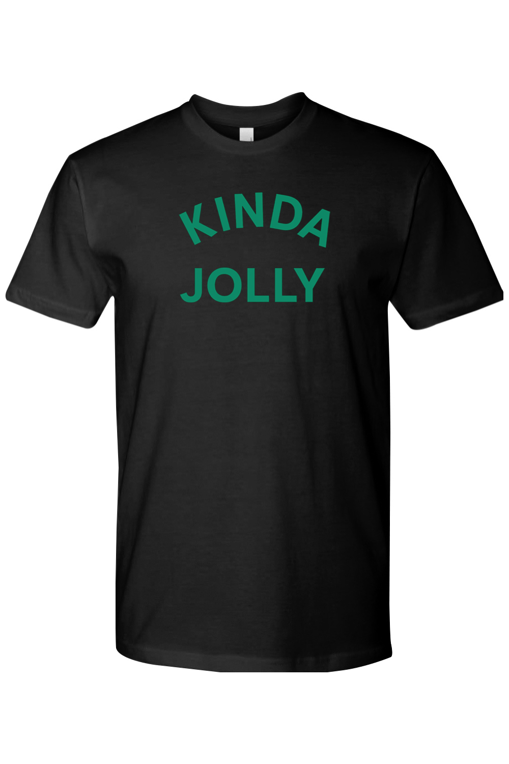 Black Christmas t-shirt with "Kinda Jolly" text in green funny sarcastic holiday humor short sleeve shirt