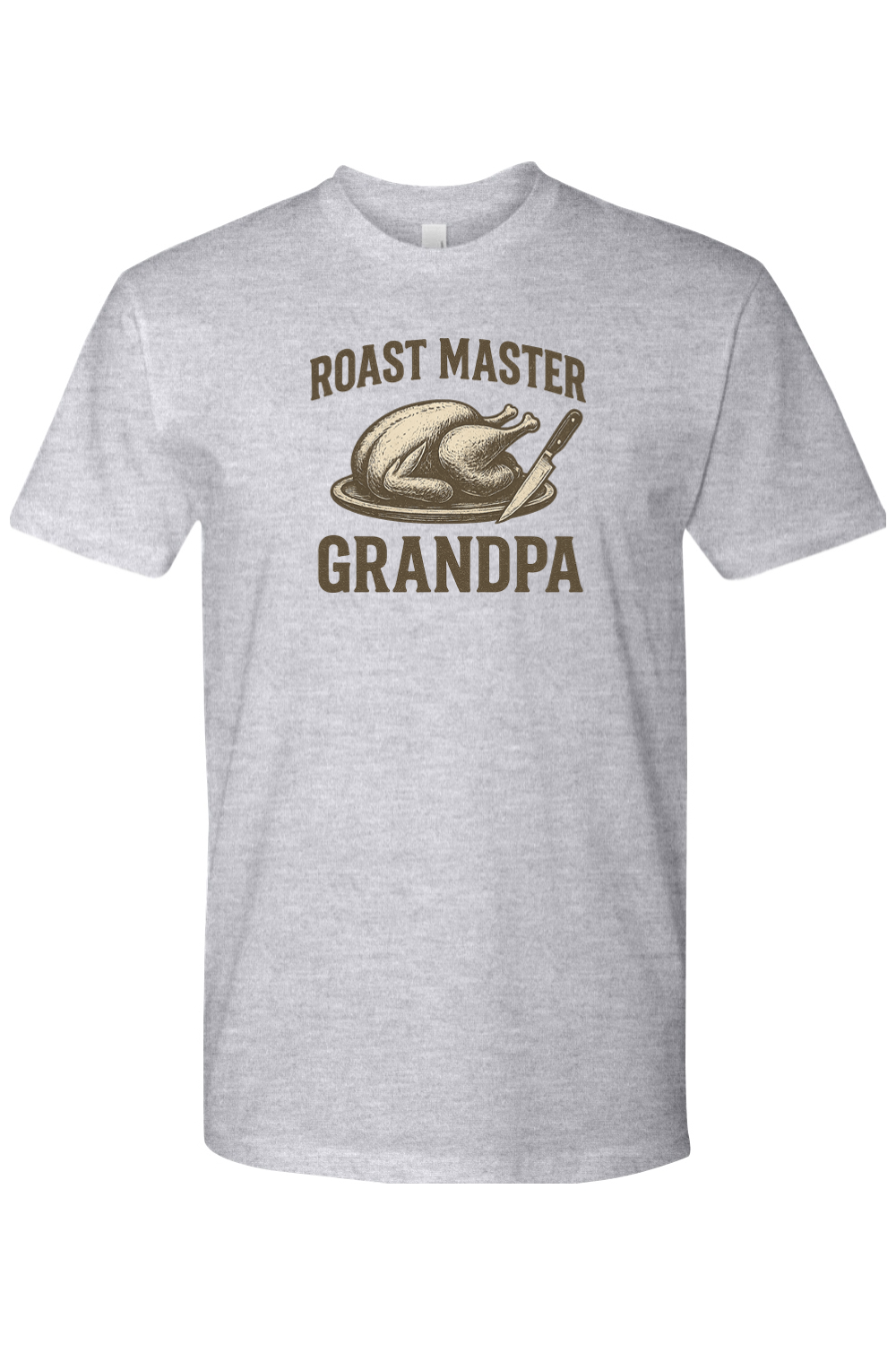 Heather grey gray Thanksgiving t-shirt with "Roast Master Grandpa" text with a turkey design grandparent funny fall holiday short sleeve shirt