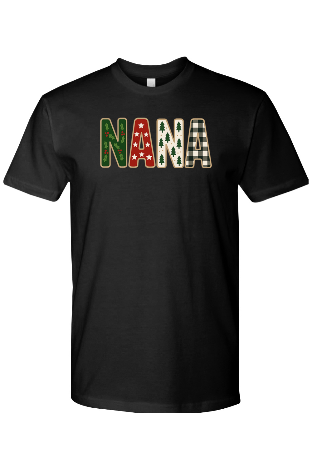 Black Christmas t-shirt with "NANA" text with holly, star, tree, and plaid patterns inside the letters cute trendy grandma grandmother holiday short sleeve shirt