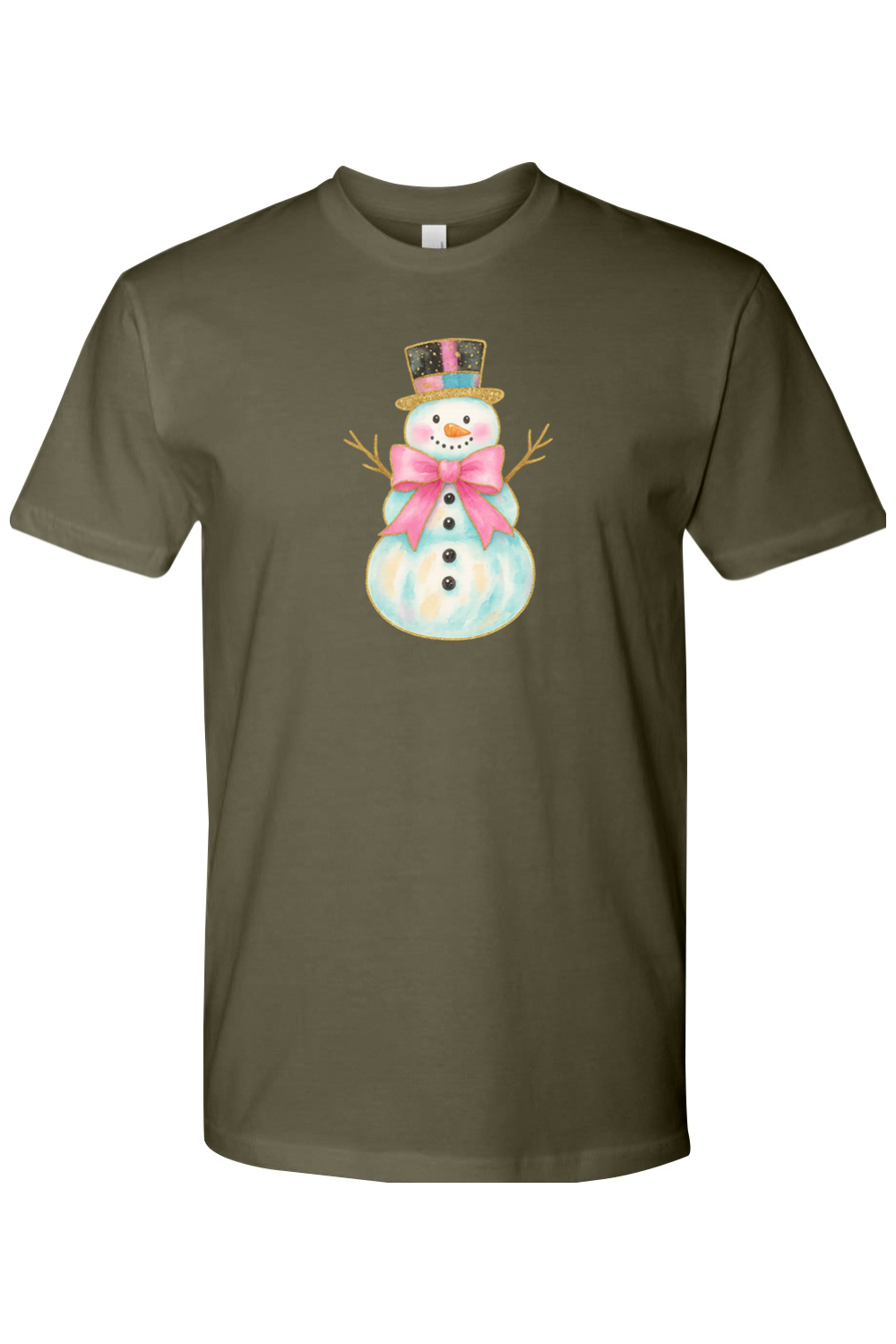 Olive green Christmas t-shirt with a watercolor snowman in a pink bow and top hat design cute girly festive holiday short sleeve shirt