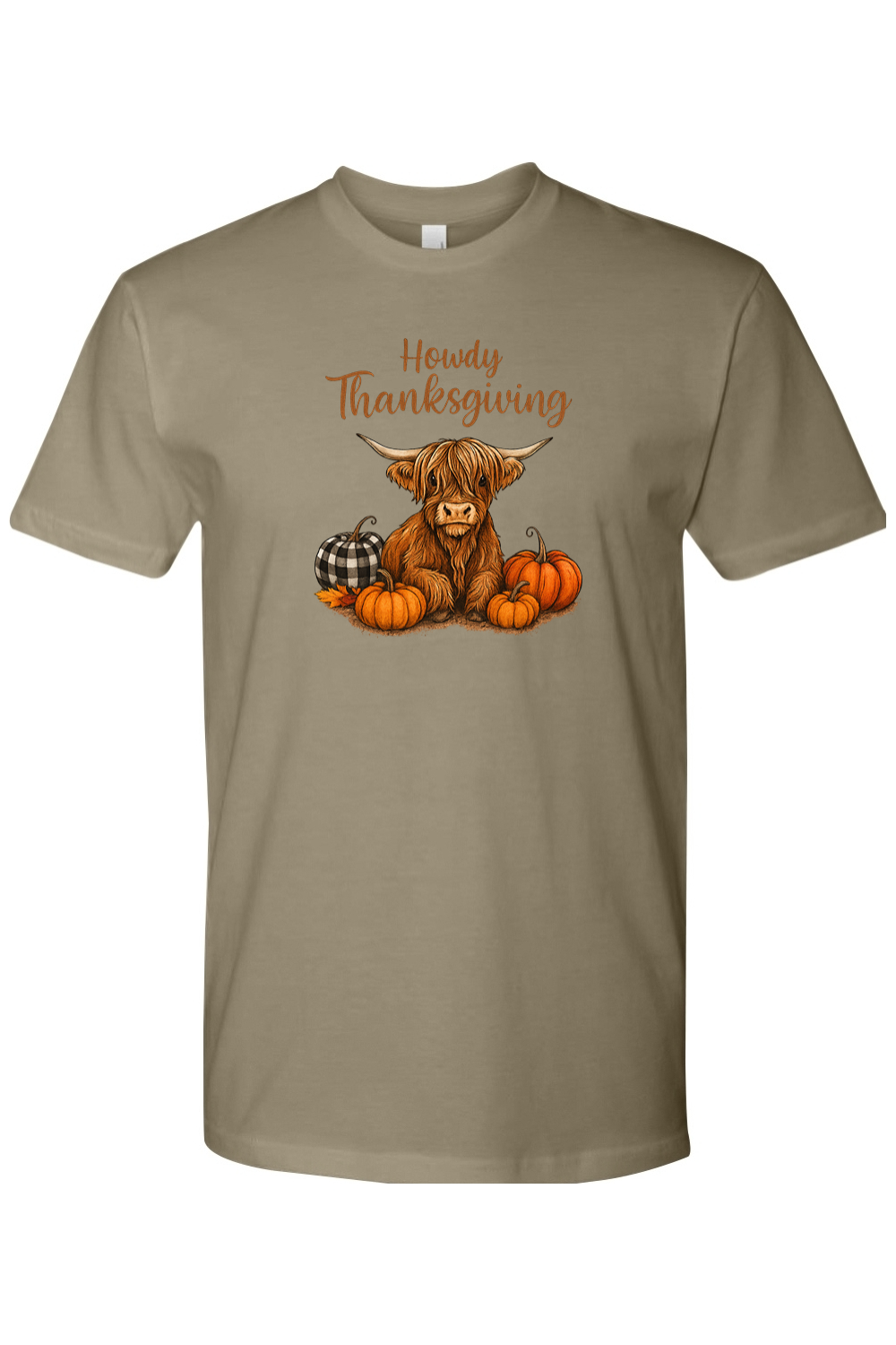 Light olive green Thanksgiving t-shirt with "Howdy Thanksgiving" text and a highland cow with pumpkins cute country fall holiday short sleeve shirt
