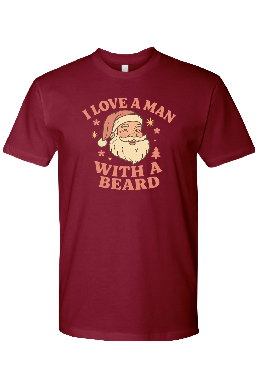 Burgundy Christmas t-shirt with "I Love A Man With A Beard" text in pink with Santa flowers stars and pine tree design cute women's trendy holiday short sleeve shirt
