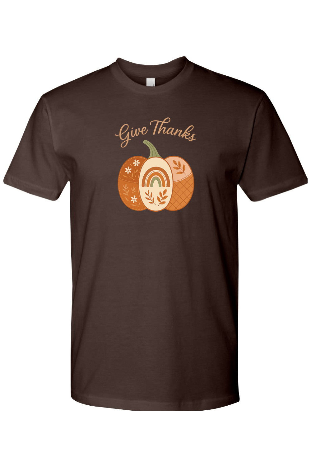 Brown Thanksgiving t-shirt with "Give Thanks" text and a patchwork floral leaves rainbow pumpkin design cute vintage trendy fall holiday short sleeve shirt