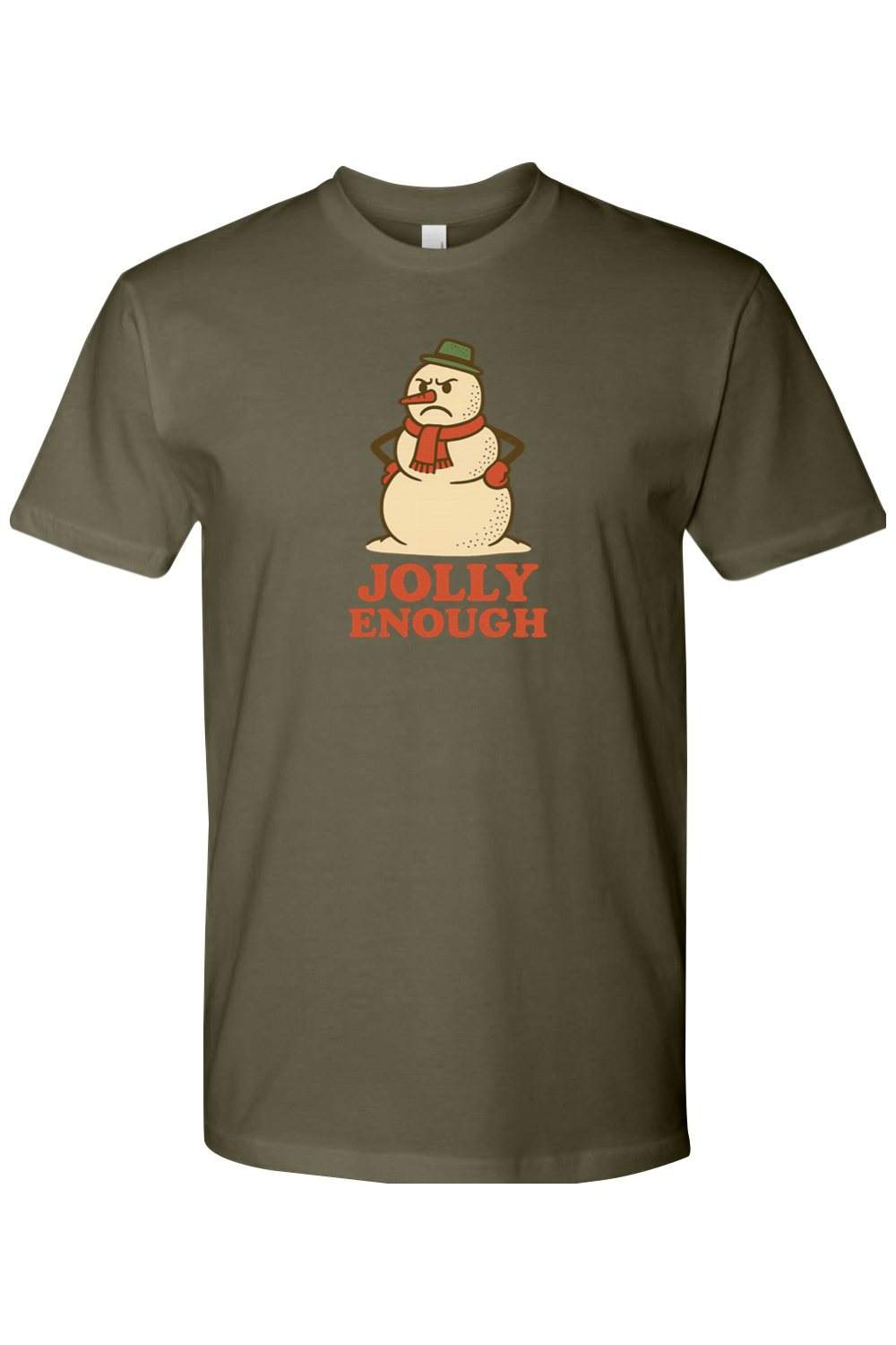 Dark olive green vintage Christmas t-shirt with "Jolly Enough" text with a grumpy snowman design funny sarcastic holiday humor short sleeve shirt