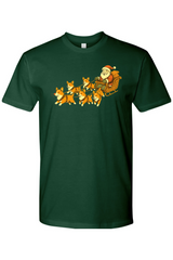 Dark green  Christmas t-shirt with Santa on a sleigh with corgi dogs pulling it cute funny holiday short sleeve shirt