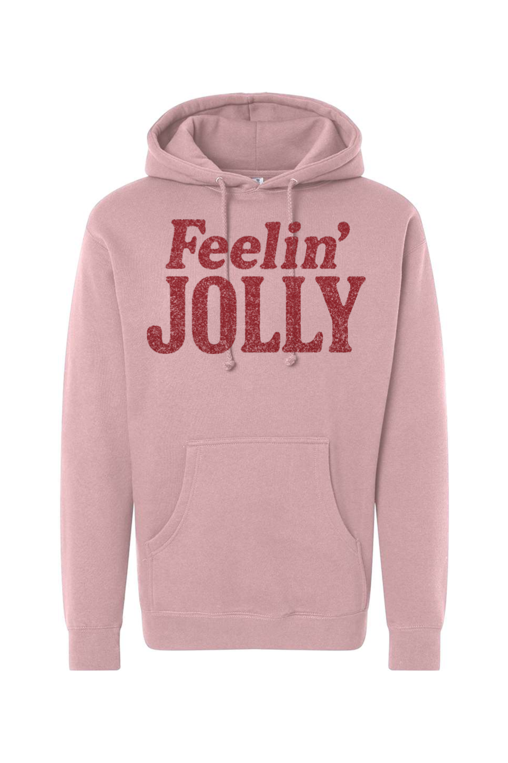 Pink Christmas hoodie with "Feelin' Jolly" text in dark red funny holiday humor long sleeve hooded sweatshirt