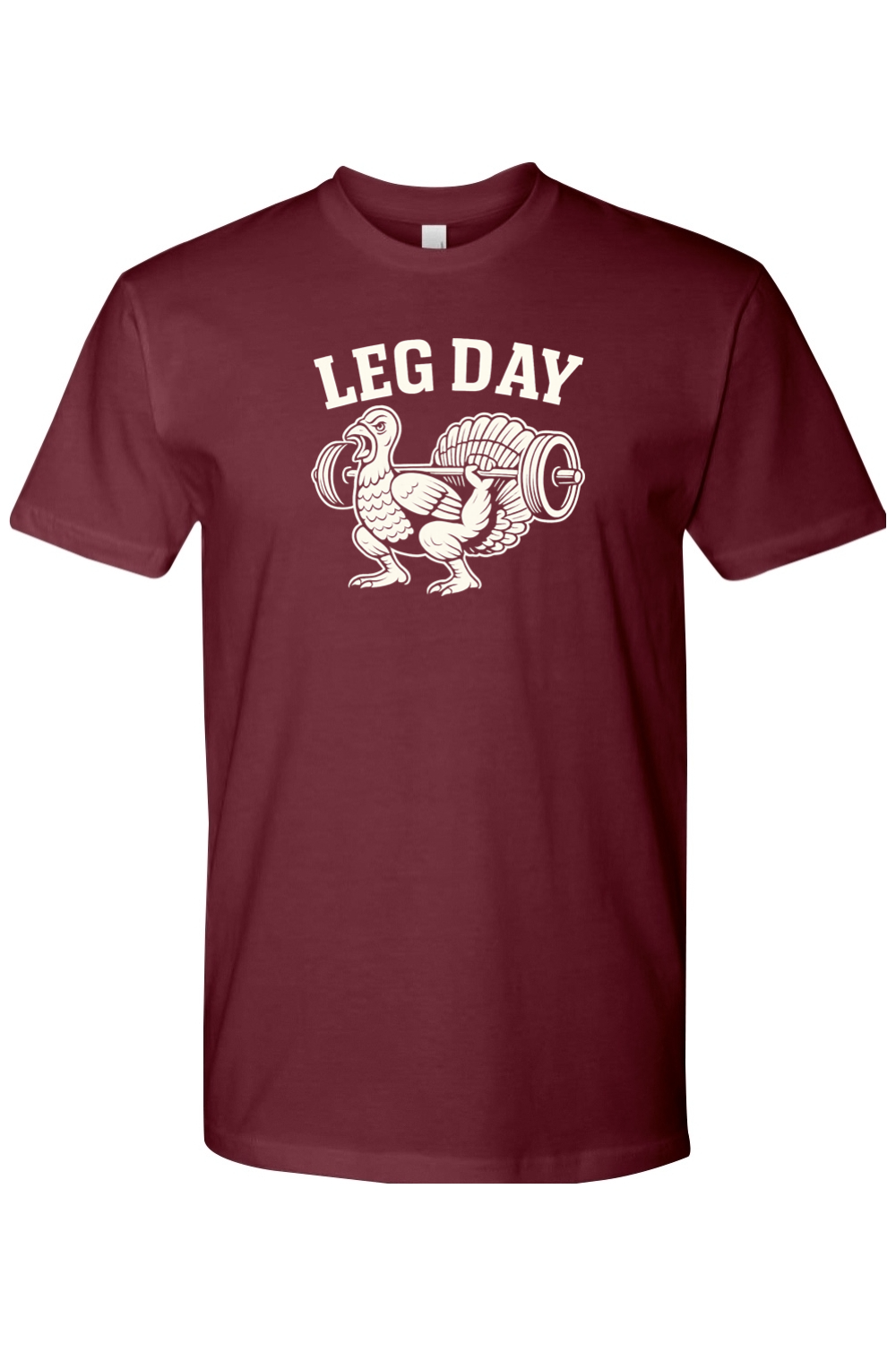 Maroon Thanksgiving t-shirt with "Leg Day" text and a turkey doing a squat with a barbell design lifting weights funny gym humor fall short sleeve shirt