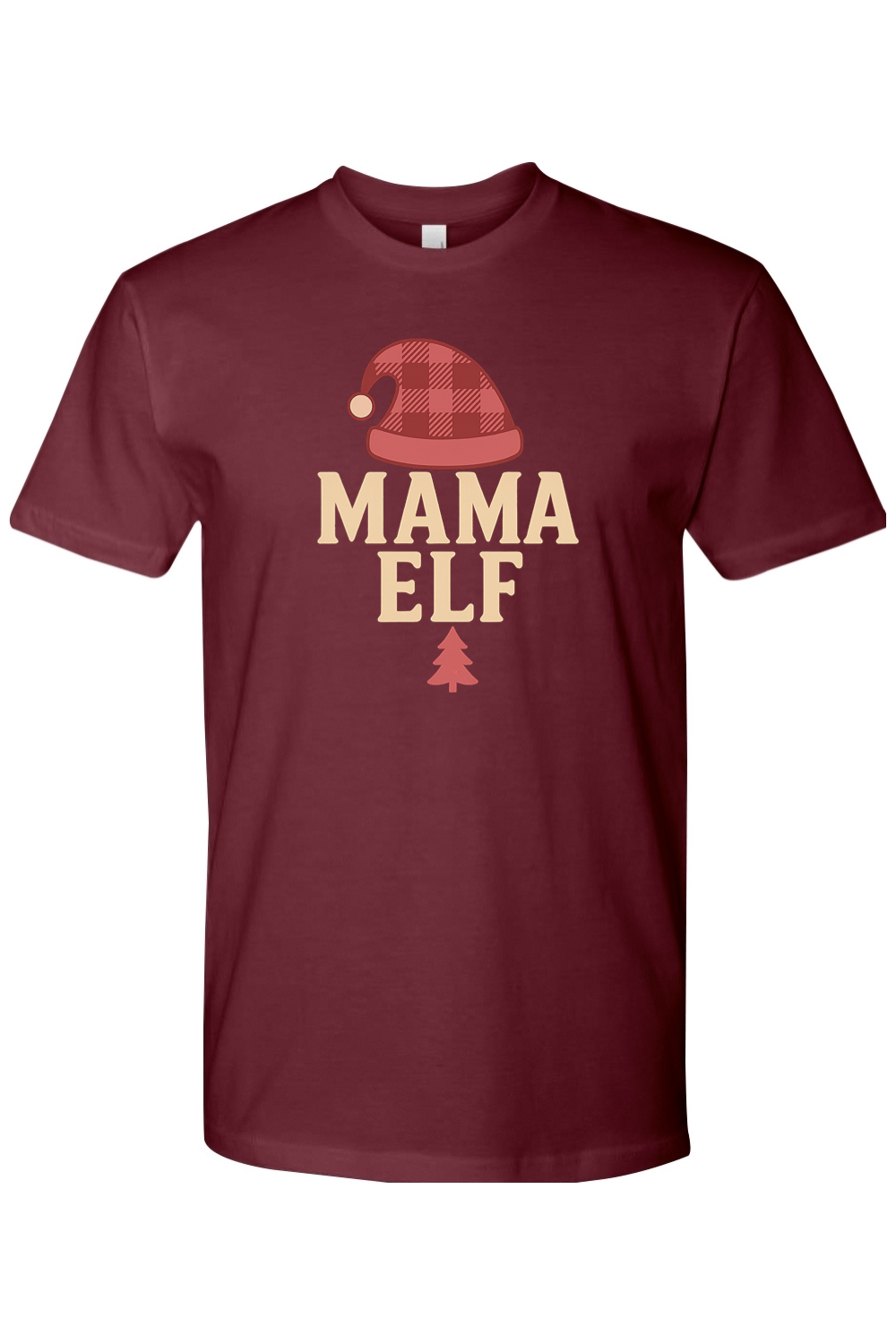 Maroon Christmas t-shirt with "Mama Elf" text and a plaid elf hat design and pine tree women's cute trendy holiday short sleeve shirt
