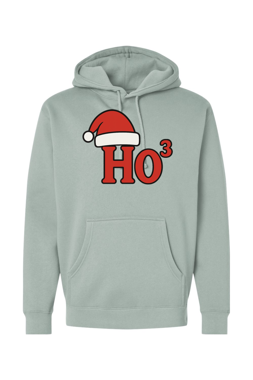 Light green Christmas hoodie with "Ho³" text in red with a Santa hat design funny holiday humor long sleeve hooded sweatshirt