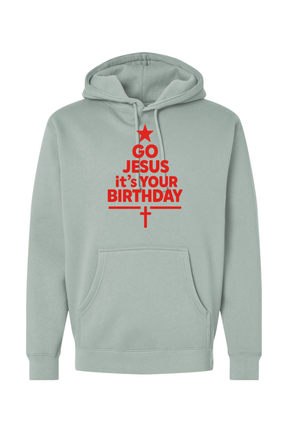 Light green Christmas hoodie with "Go Jesus It's Your Birthday" text in red with a star and cross all made into a Christmas tree design religious Christian God funny holiday long sleeve hooded sweatshirt