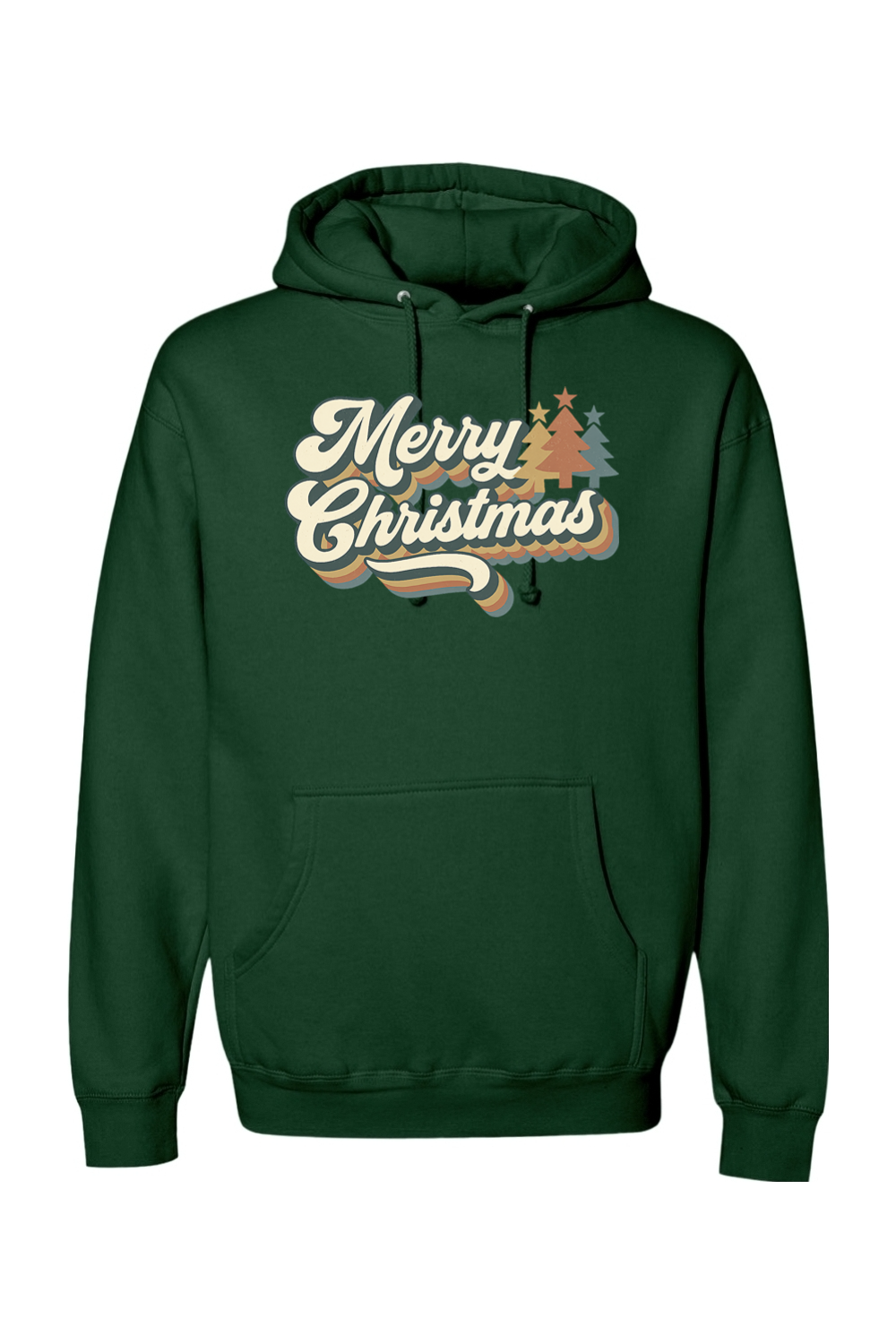 Dark green Christmas hoodie with "Merry Christmas" text in retro bubble font and Christmas trees design cute trendy festive holiday long sleeve hooded sweatshirt