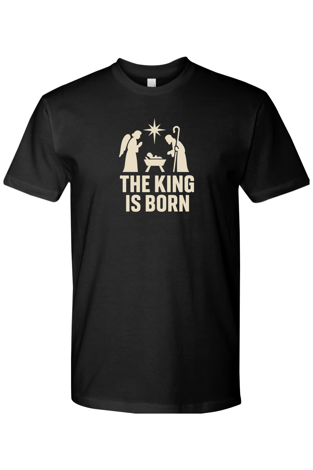 Black religious Christmas t-shirt with "The King is Born" text and an angel and shepherd with baby Jesus in a manager and star design God Christian holiday short sleeve shirt
