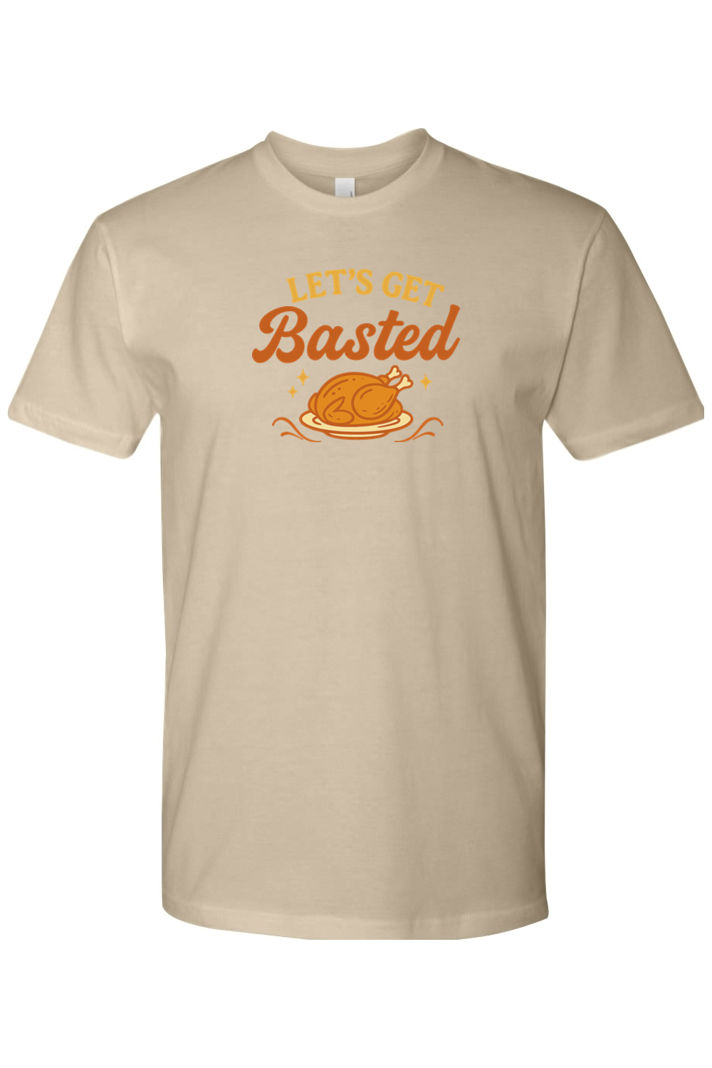 Dark beige Thanksgiving t-shirt with "Let's Get Basted" text and a turkey stars design funny girly trendy fall holiday short sleeve shirt