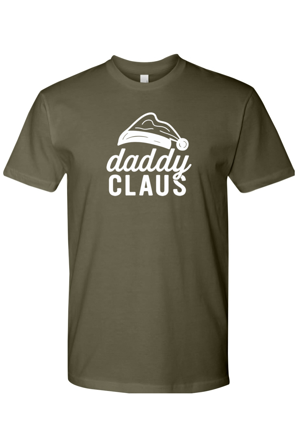 Olive green Christmas t-shirt with 'Daddy Claus' text and Santa hat graphic funny festive holiday short sleeve shirt