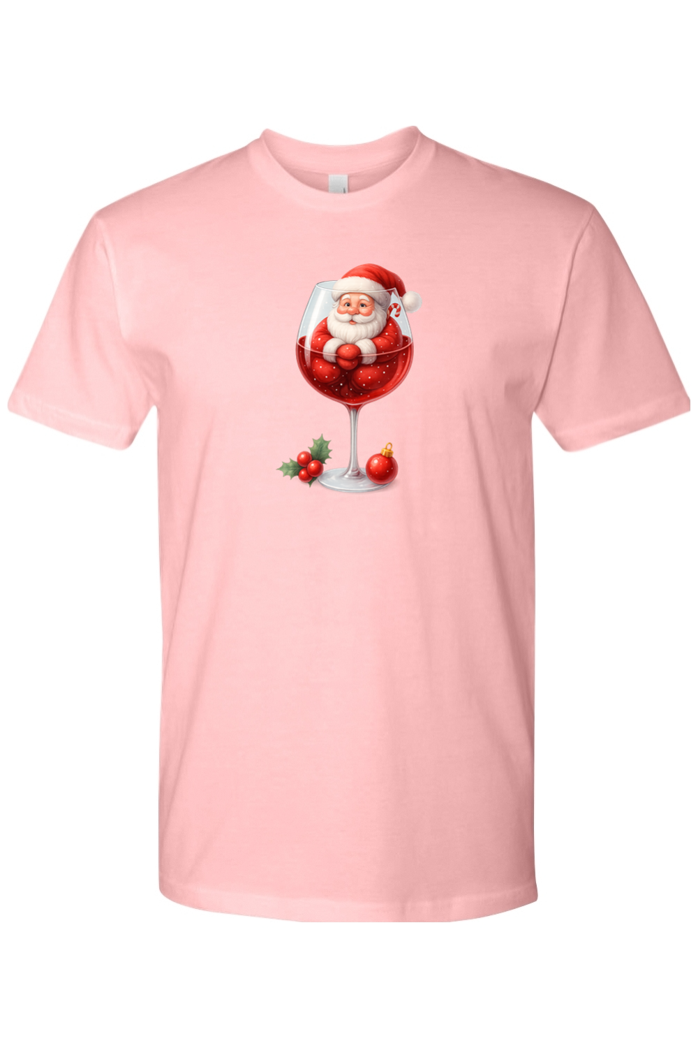 Light pink Christmas t-shirt with Santa sitting in a wine glass with a holly and ornament design cute festive holiday short sleeve shirt
