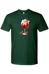 Dark green Christmas t-shirt with Santa sitting in a wine glass with a holly and ornament design cute festive holiday short sleeve shirt