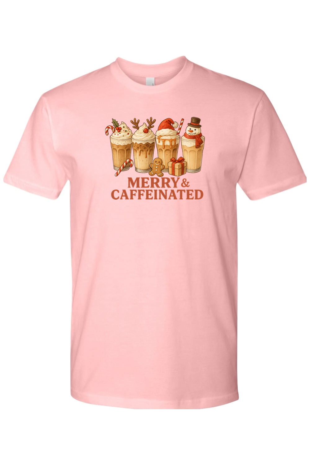 Pink t-shirt with Christmas coffee design and Merry & Caffeinated text cute holiday iced coffee short sleeve shirt