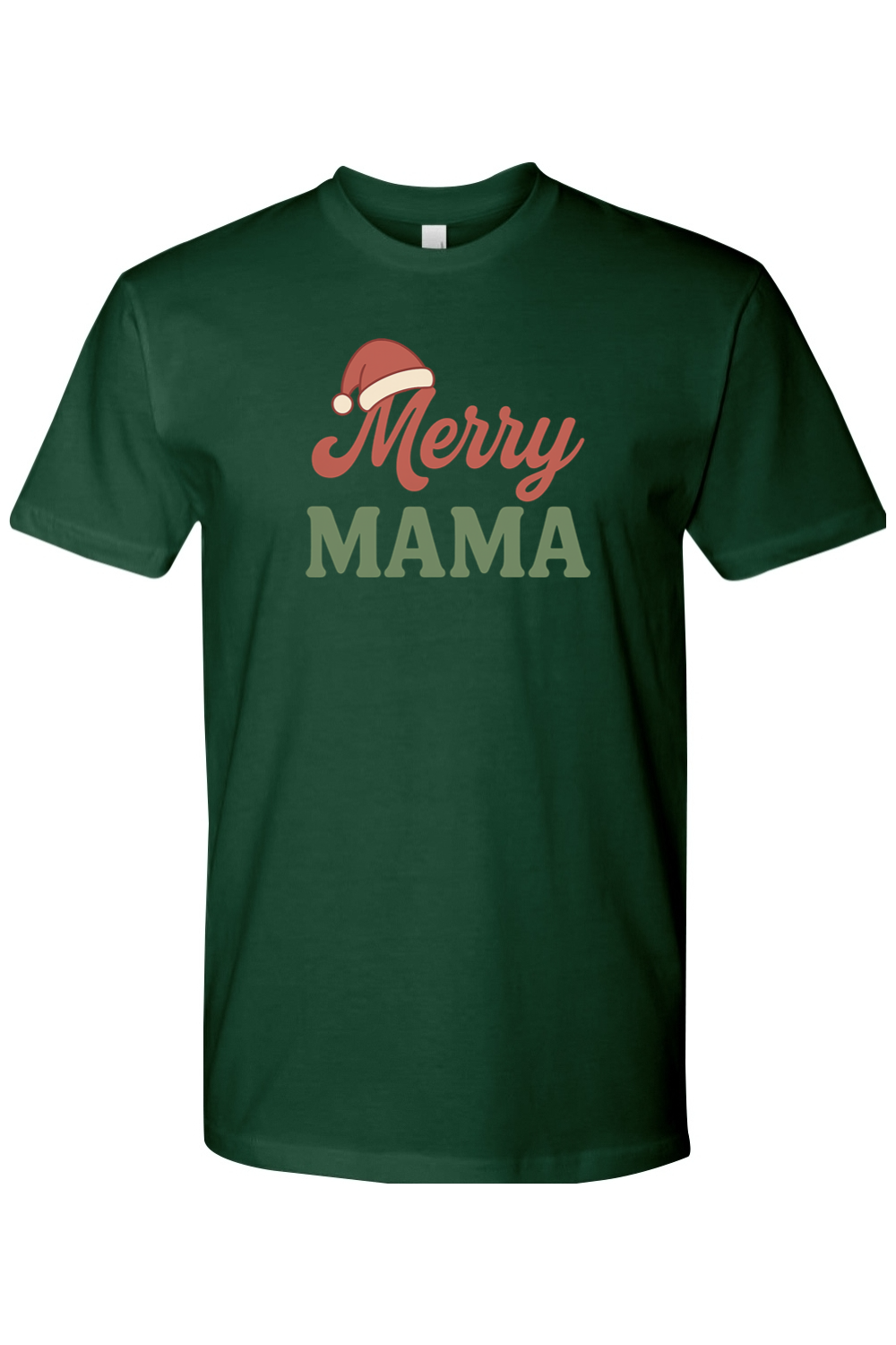 Dark green Christmas t-shirt with "Merry Mama" text with a Santa hat over the M in Merry cute trendy mom mother holiday short sleeve shirt