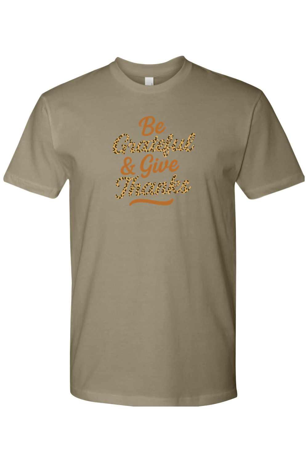 Light olive green Thanksgiving t-shirt with "Be Grateful & Give Thanks" text in leopard print with a wavy line design underneath cute trendy fall holiday short sleeve shirt