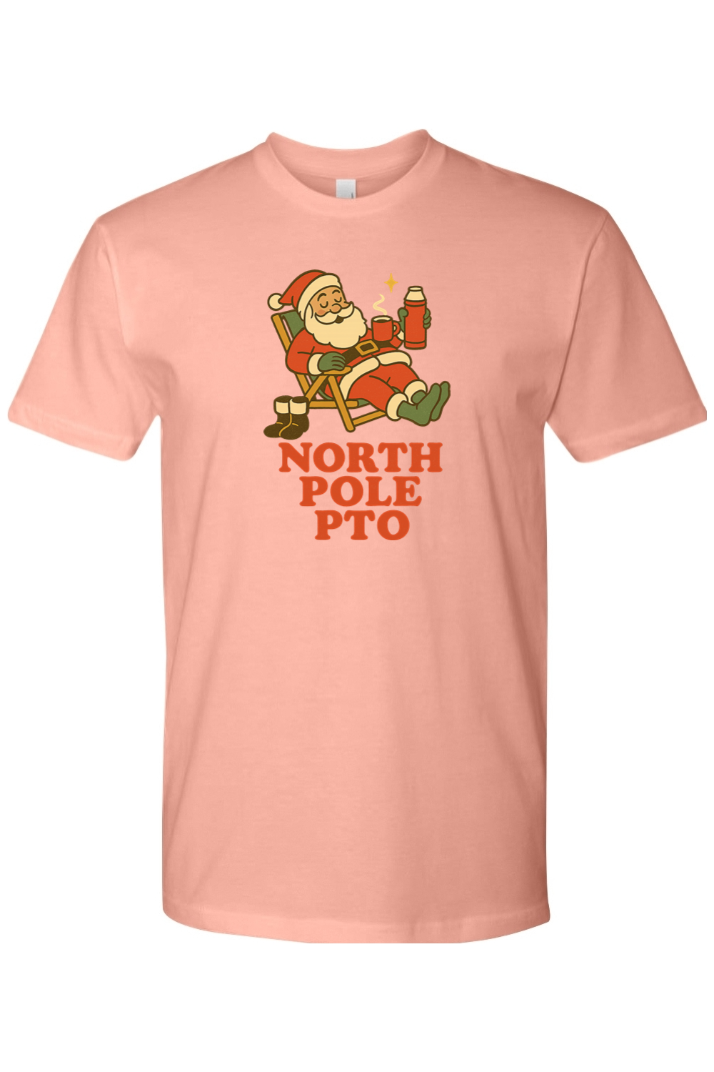 Pink vintage Christmas t-shirt with "North Pole PTO" text and Santa relaxing on a reclining chair with hot cocoa design funny holiday humor short sleeve shirt