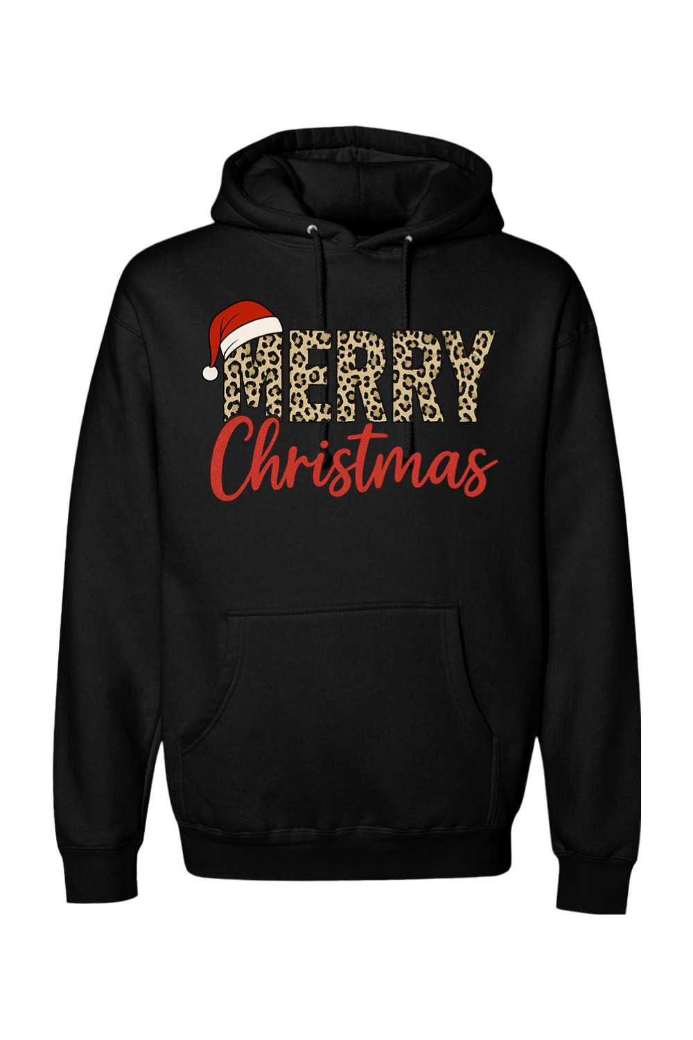 Black Christmas hoodie with "Merry Christmas" text in leopard print and red with a Santa hat design cute trendy festive holiday long sleeve hooded sweatshirt