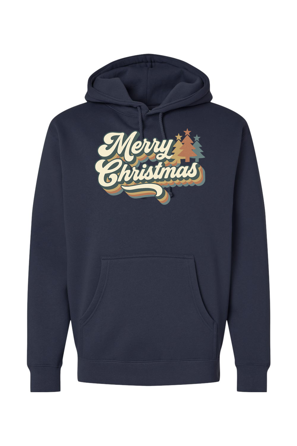 Navy blue Christmas hoodie with "Merry Christmas" text in retro bubble font and Christmas trees design cute trendy festive holiday long sleeve hooded sweatshirt