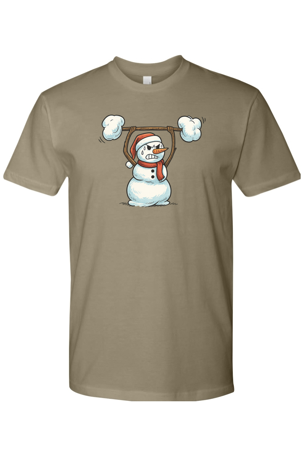 Olive green Christmas t-shirt with a snowman lifting a snow barbell design funny gym humor festive holiday short sleeve shirt