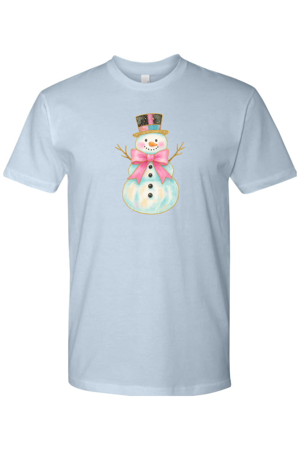 Light blue Christmas t-shirt with a watercolor snowman in a pink bow and top hat design cute girly festive holiday short sleeve shirt