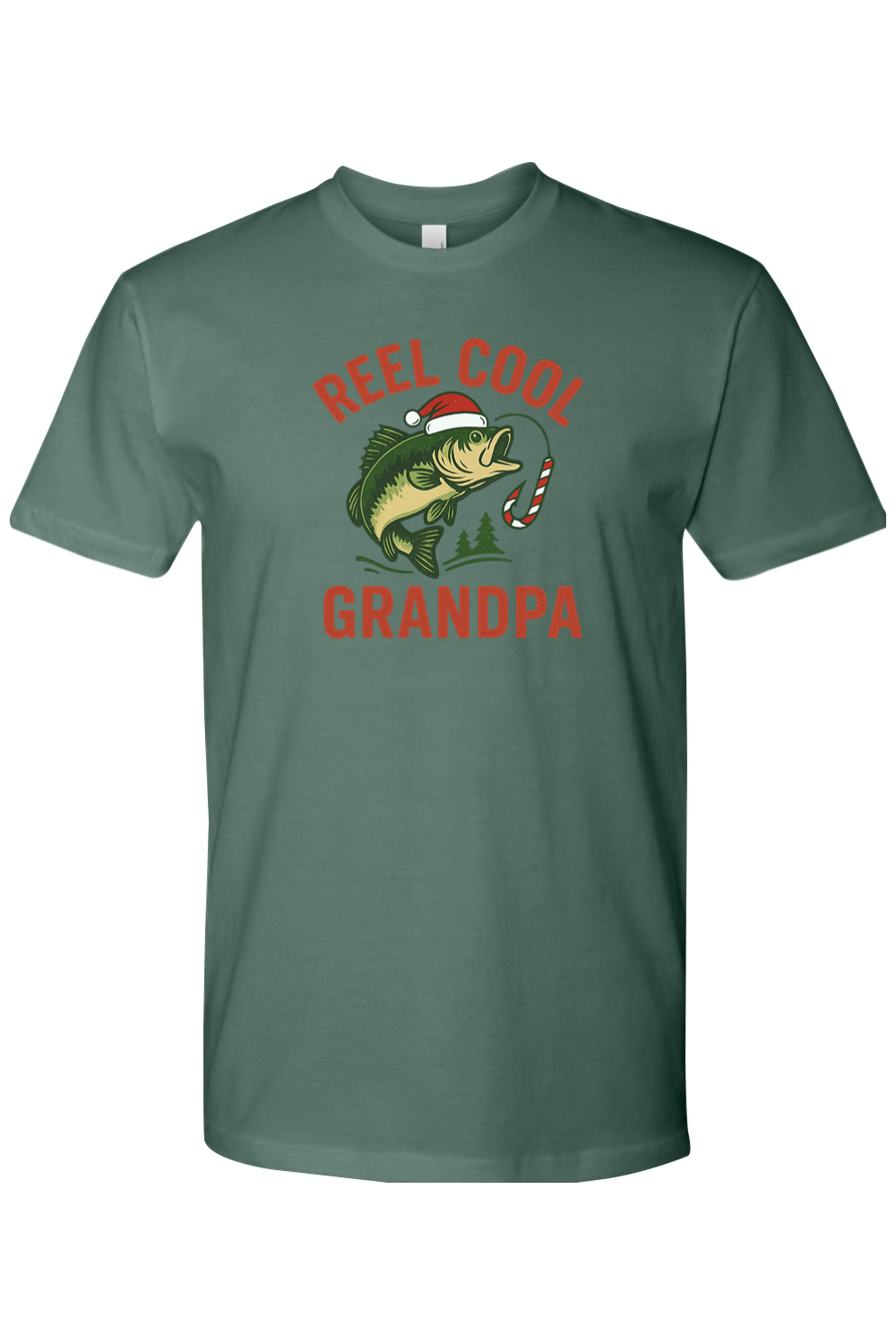 Pine green Christmas t-shirt with "Reel Cool Grandpa" text in red with a fish in a Santa hat design and candy cane hook design festive fishing grandparent grandfather holiday short sleeve shirt