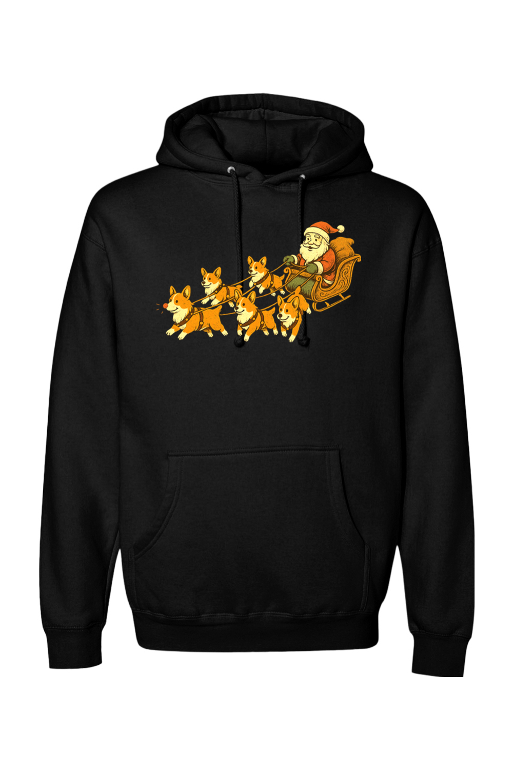 Black Christmas hoodie with Santa on a sleigh with corgi dogs pulling it cute funny holiday long sleeve hooded sweatshirt