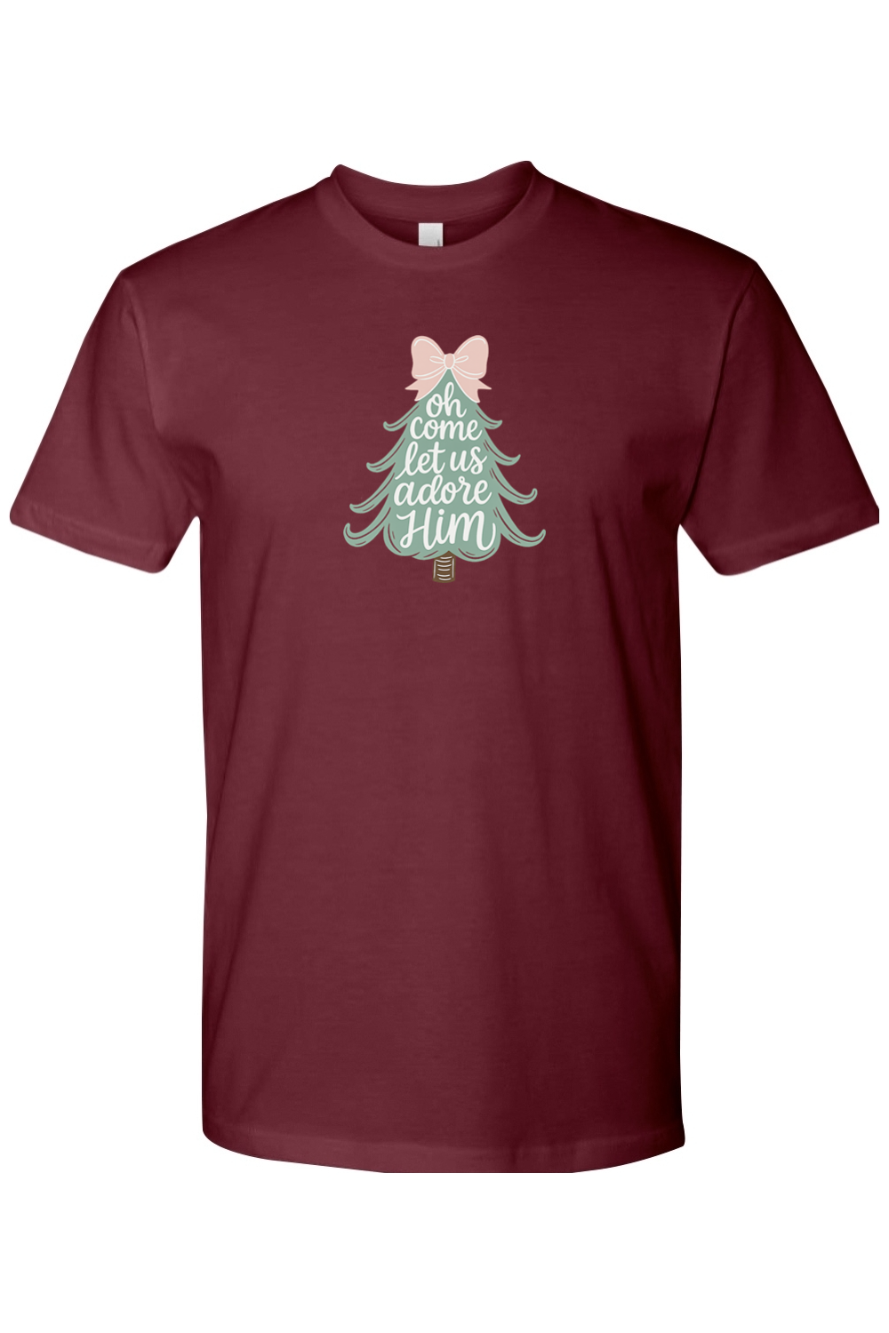 Maroon Oh Come Let Us Adore Him Christmas tree bow cute design t-shirt short sleeve Jesus faith Christian holiday shirt