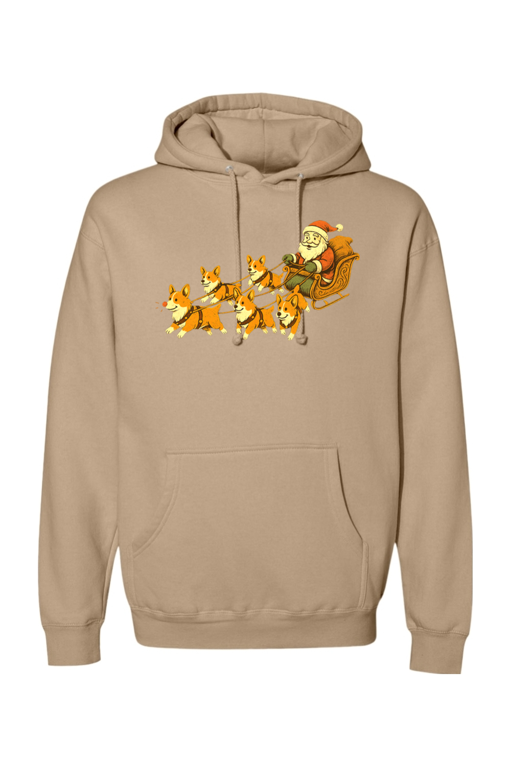 Dark beige Christmas hoodie with Santa on a sleigh with corgi dogs pulling it cute funny holiday long sleeve hooded sweatshirt
