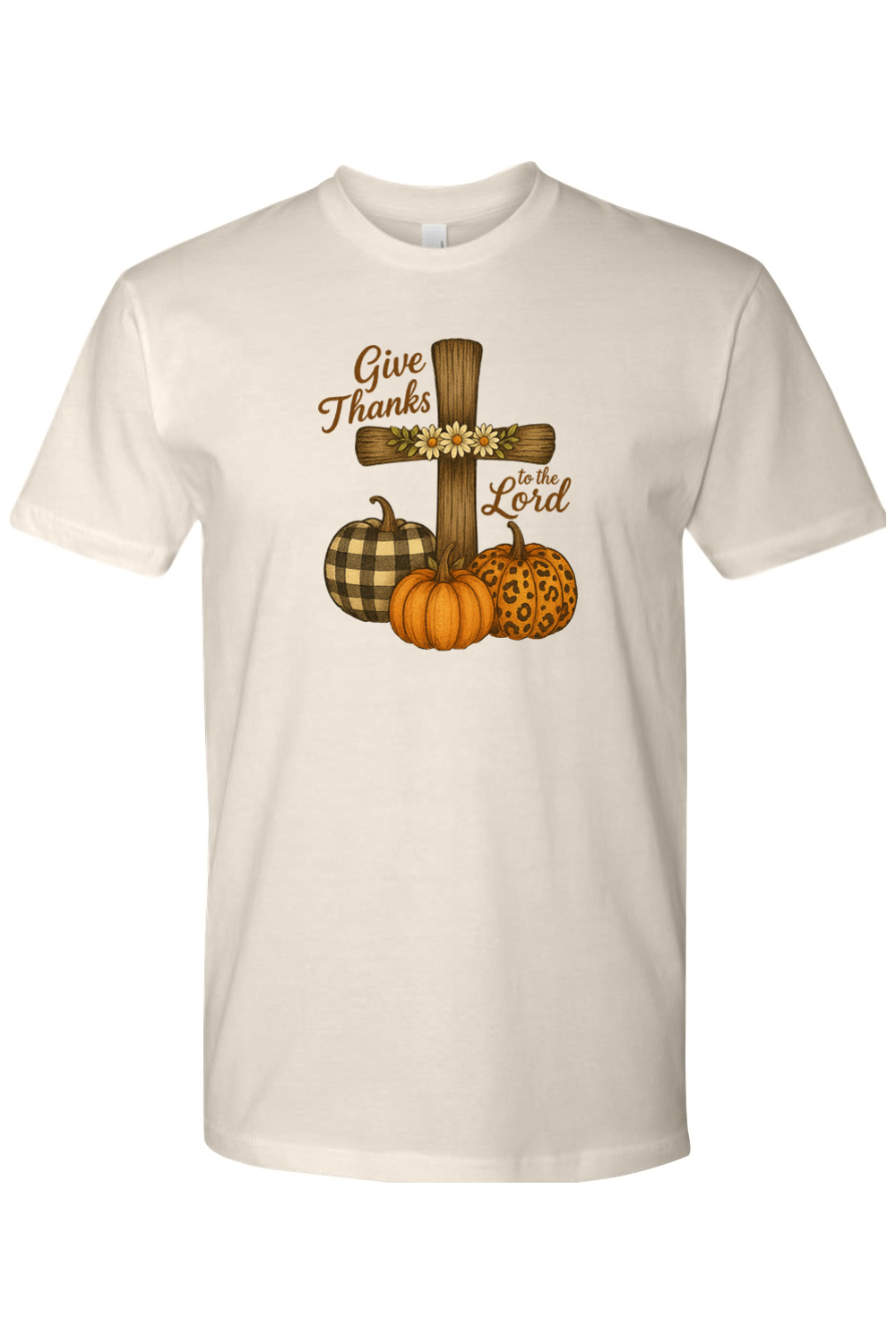 Cream beige Thanksgiving t-shirt with "Give Thanks to the Lord" text with flower cross and plaid leopard print pumpkins design cute trendy Jesus Christian fall short sleeve shirt