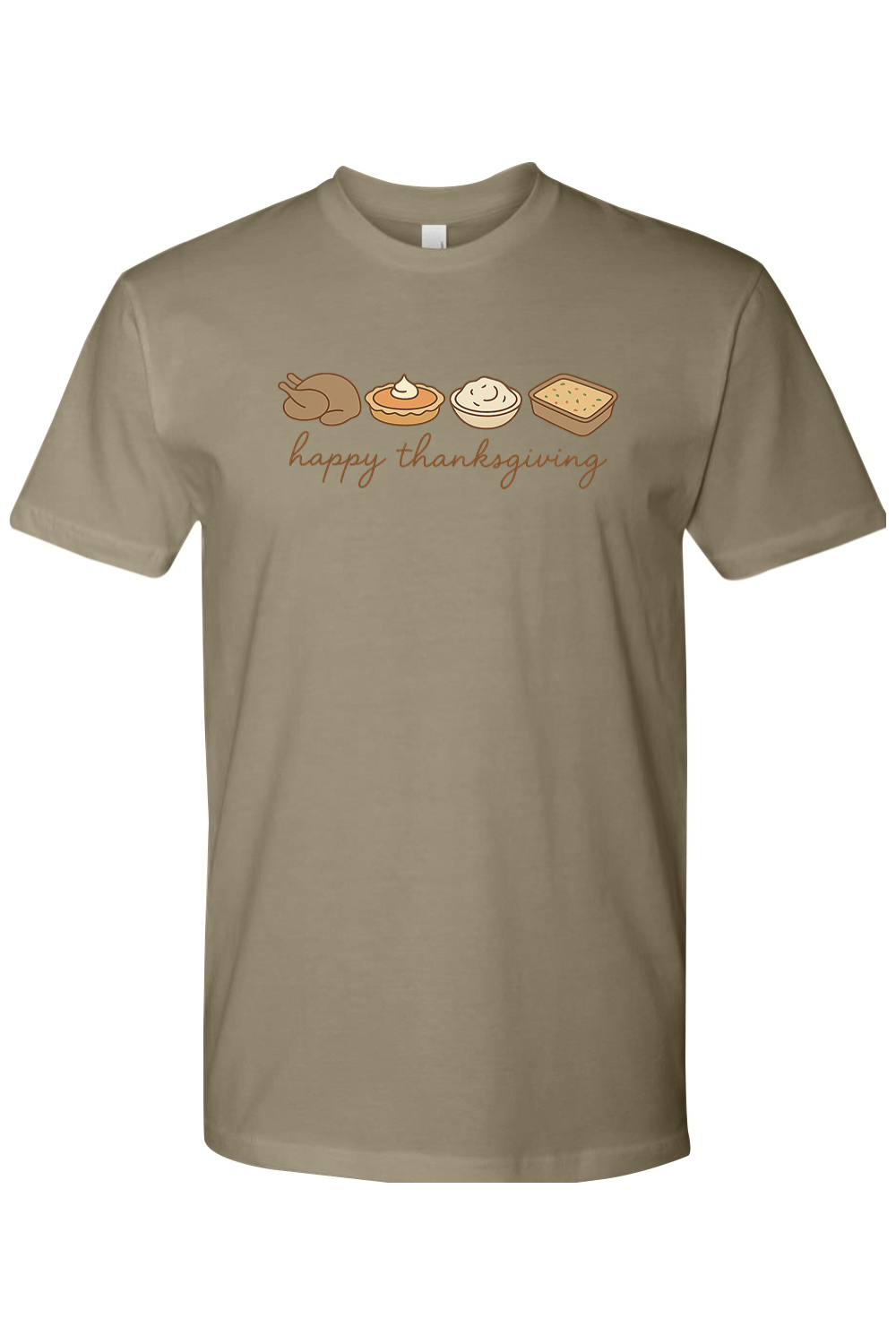 Light olive green Thanksgiving t-shirt with "happy thanksgiving" text and turkey, pumpkin pie, mashed potatoes, stuffing design cute trendy fall holiday short sleeve shirt