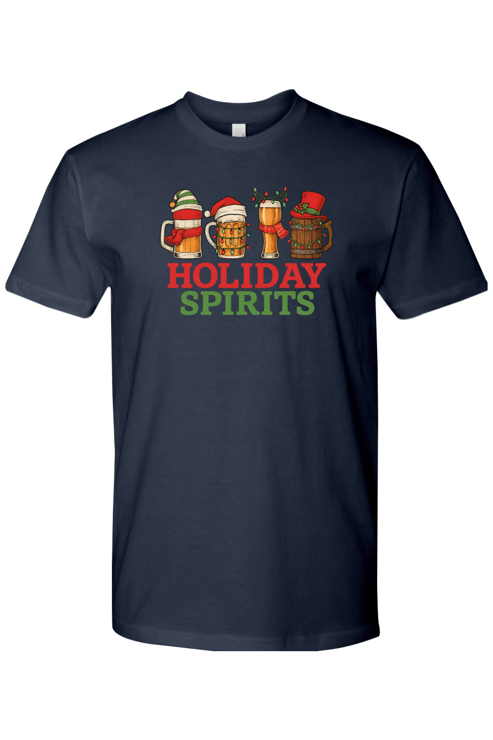 Navy Blue funny Christmas beer t-shirt text Holiday Spirits with beer mug design 
