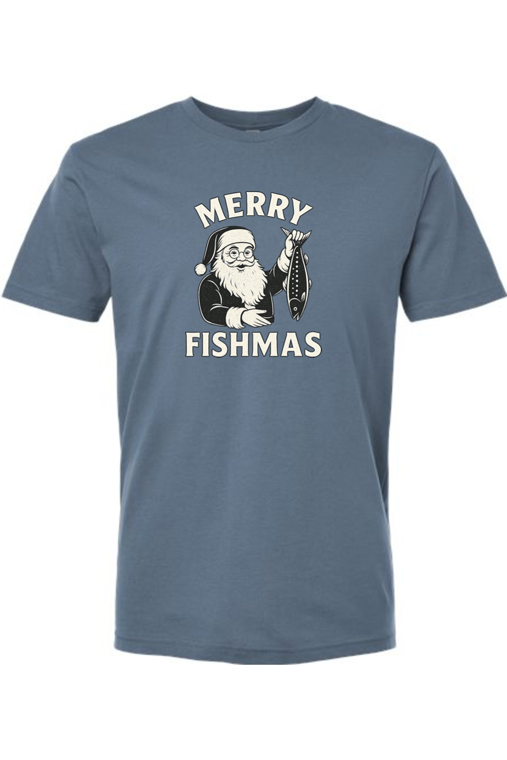 Blue Christmas t-shirt with "Merry Fishmas" text with Santa holding a fish design funny fishing holiday festive short sleeve shirt