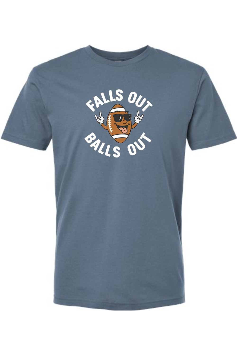 Blue Thanksgiving t-shirt with "Falls Out Balls Out" text in white with a football in sunglasses sticking out his tongue and hands in the rock pose design funny fall humor holiday short sleeve shirt