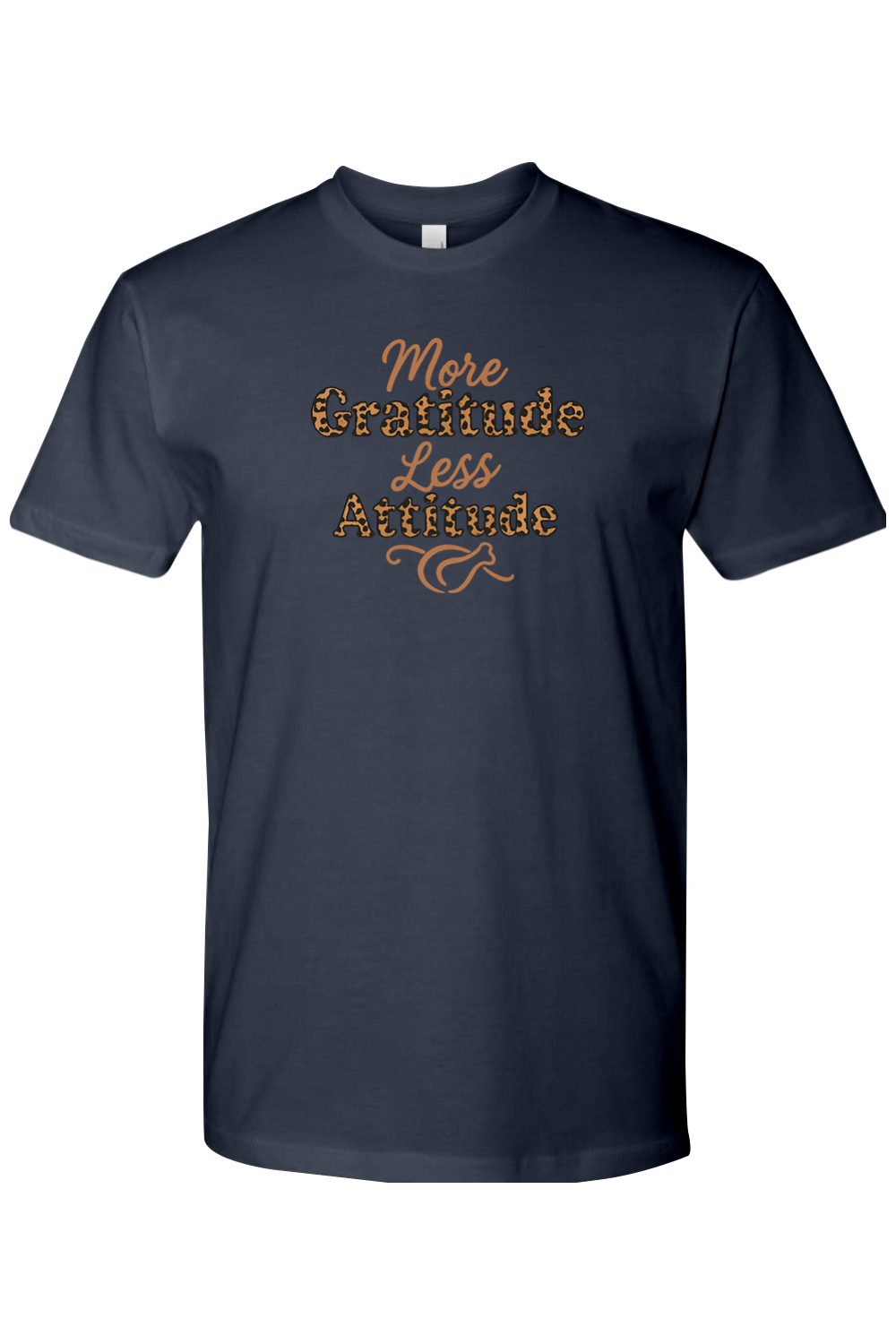 Navy blue Thanksgiving t-shirt with "More Gratitude Less Attitude" text in leopard print with a turkey design underneath trendy girly fall holiday short sleeve shirt