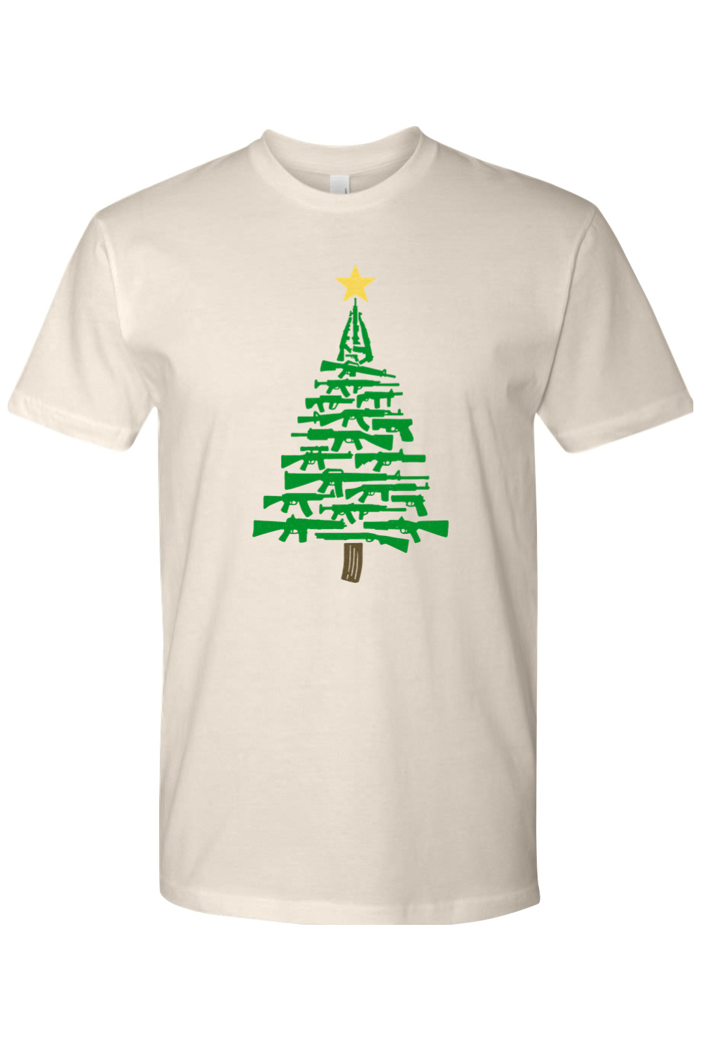 Cream Christmas t-shirt with a Christmas tree design made out of rifles cool tactical men's holiday short sleeve shirt