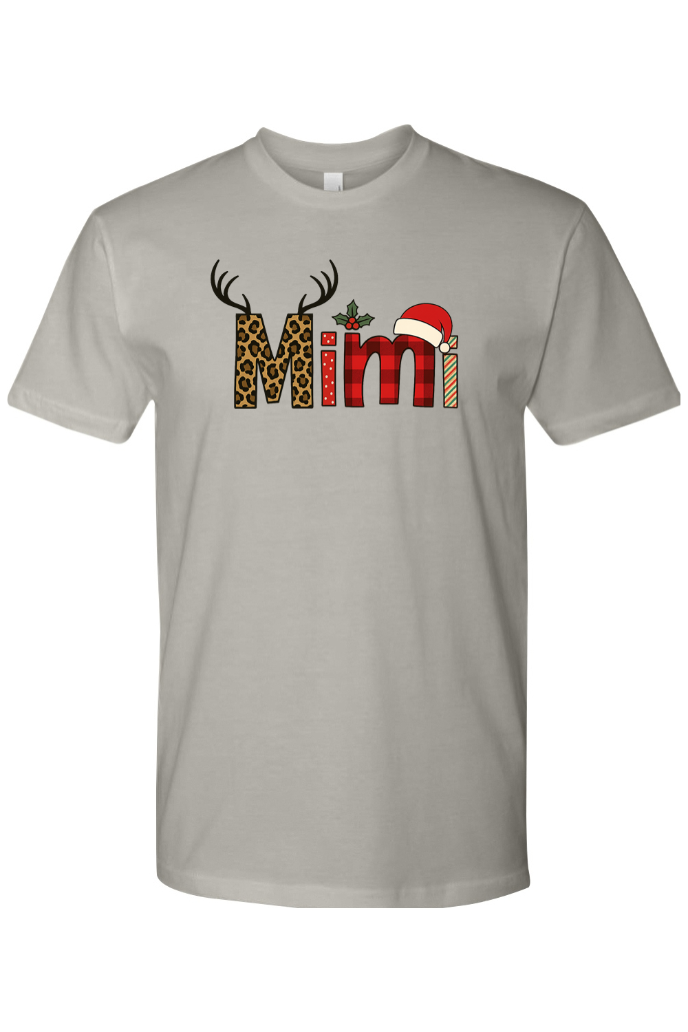 Grey gray Christmas t-shirt with "Mimi" text antler design and the letters filled with leopard print, plaid, polka dots, and stripes cute grandma festive holiday short sleeve shirt