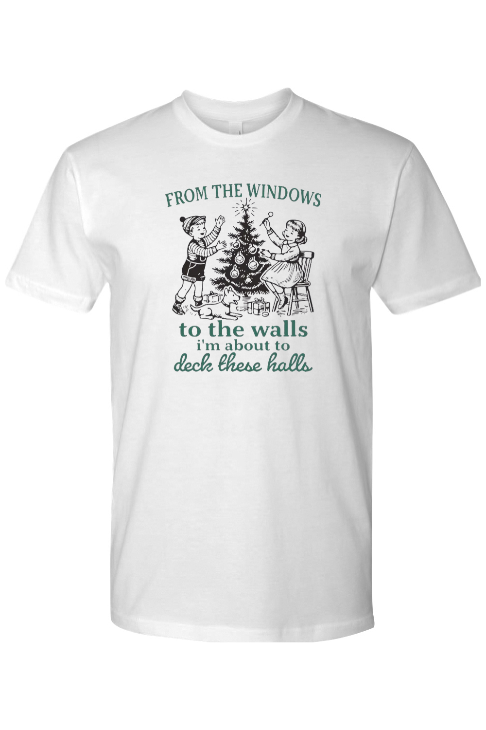White Christmas t-shirt with "From The Windows To The Walls I'm About To Deck These Halls" text in green with a vintage boy, girl, and dog decorating a Christmas tree design funny humor holiday short sleeve shirt