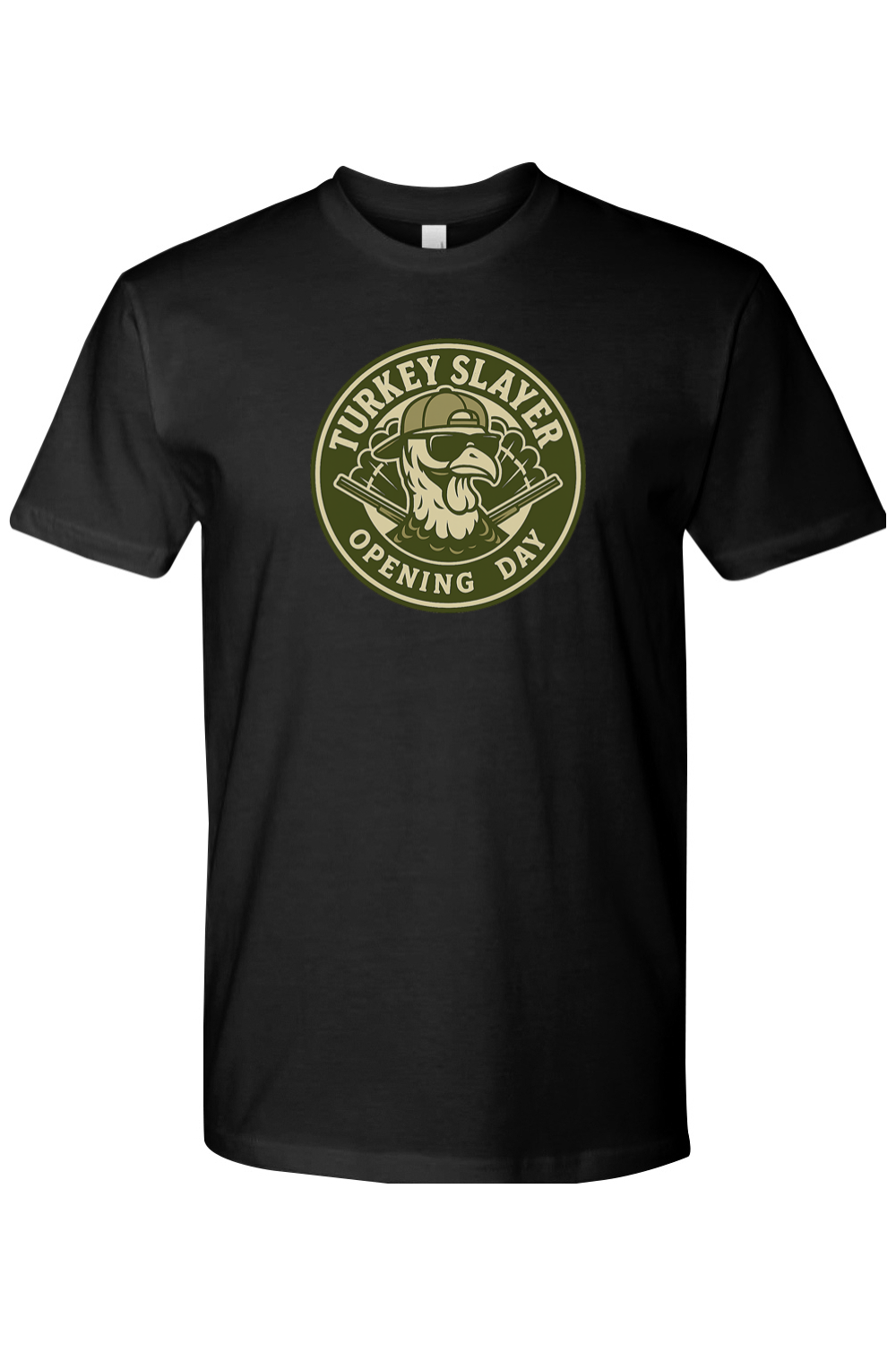 Black Thanksgiving t-shirt with "Turkey Slayer Opening Day" text with a turkey badge design funny hunting fall short sleeve shirt