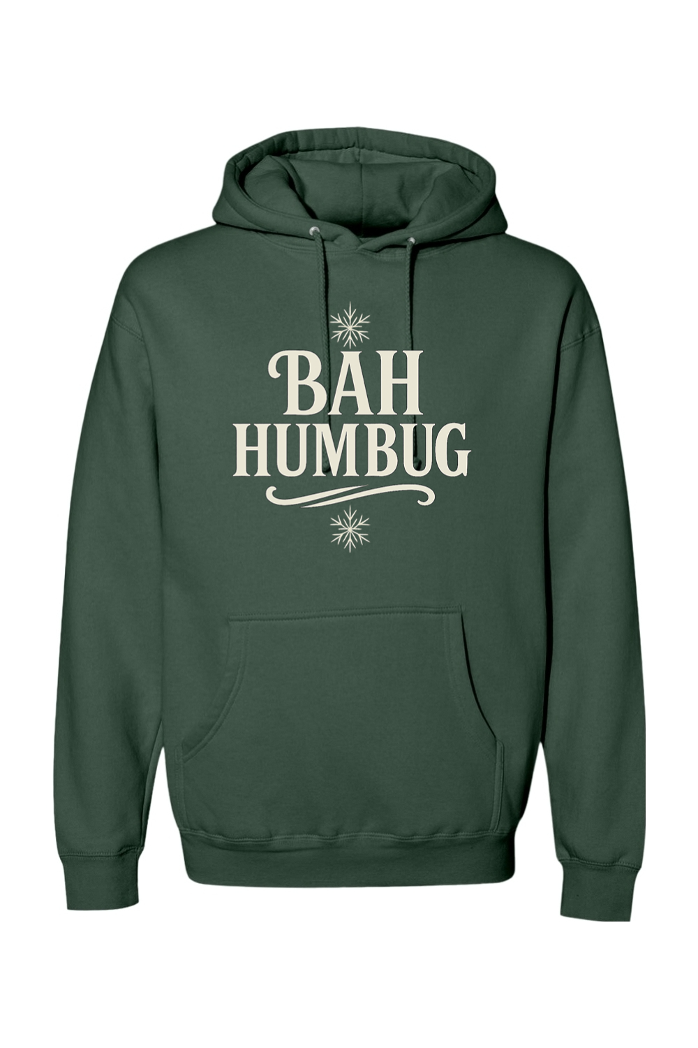 Green Christmas hoodie with "BAH HUMBUG" text and a snowflake design funny sarcastic holiday humor long sleeve hooded sweatshirt